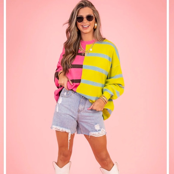 Free People Sweaters - $128 Free People Colorblock Striped Crewneck Sweater - Hot Pink & Lemon